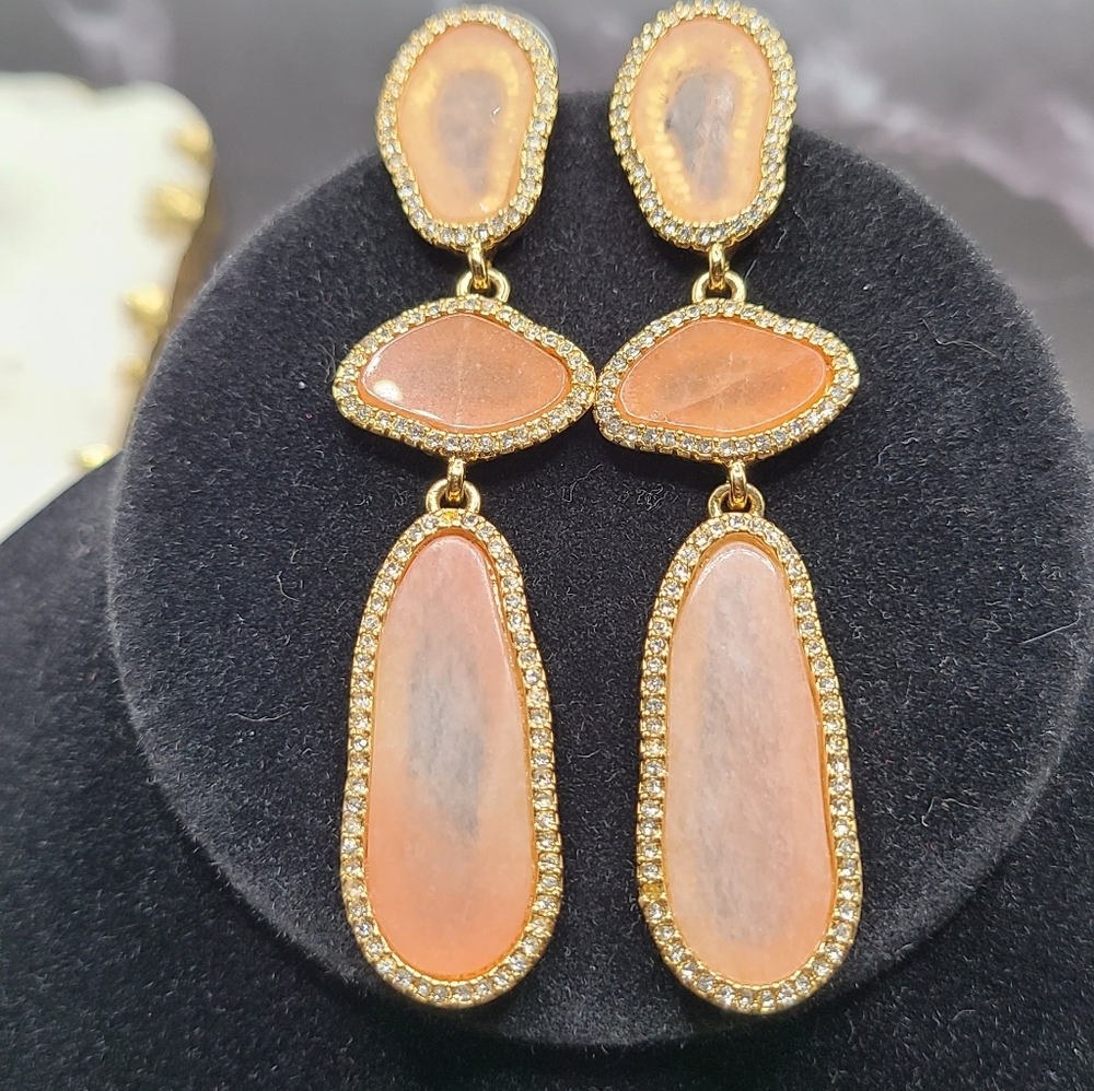 bcbgmaxazria Statement Earrings Coral Quartz Stone Gold Tone Cz Border Statement